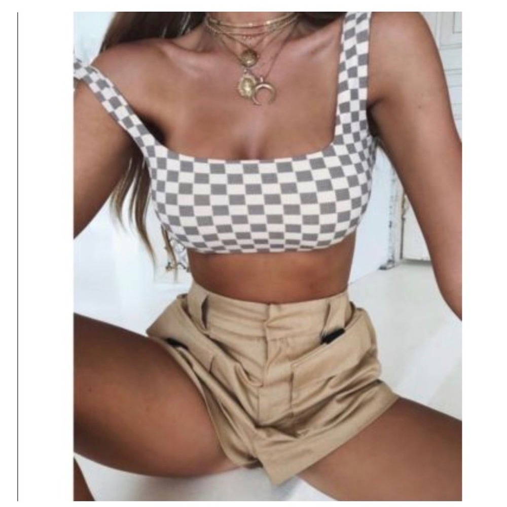 I.AM.GIA Veda‎ Crop Top Tan Brown Checkered Square Neck Tank Medium